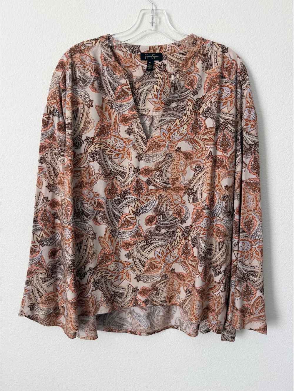 Jessica Simpson Long Sleeve V-Neck Floral Paisley Boho Blouse Women's Size XL